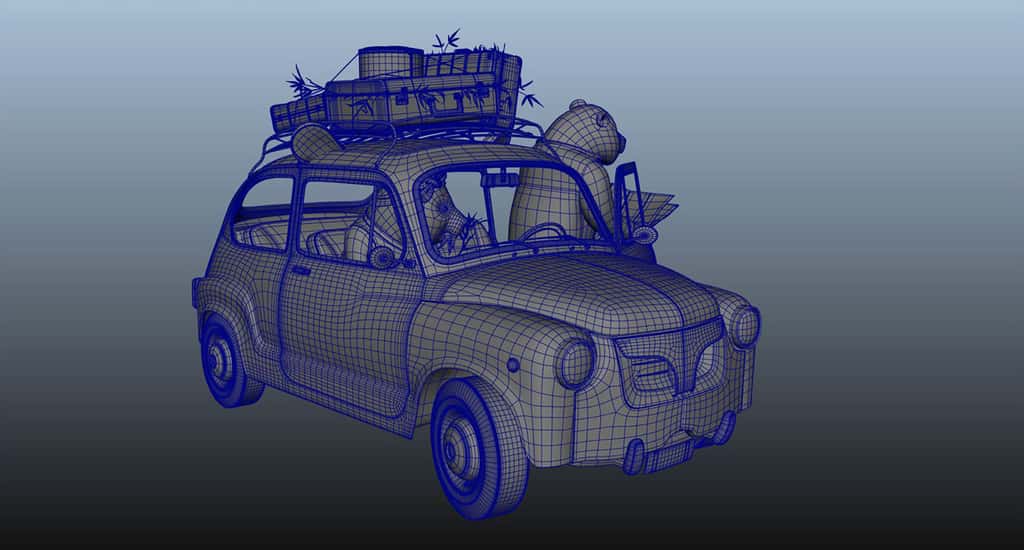 Le making-of de la P4ND4. Au départ, une grille, un maillage en 3D. Tout commence avec une matrice de points, des pixels en 3D qu’on appelle des voxels. La 3D permet de voir en trois dimensions, en hauteur, en largeur et en profondeur, de représenter la réalité telle que nous le voyons. La peinture, au Moyen Âge, ne connaît pas la perspective fuyante ni la représentation du volume ; la réalité est vue sur le même plan, à plat.Making of de la transformation d'une voiture. © Frédéric Müller, tous droits réservés